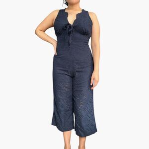 Davi & Dani Eyelet Lace Sleeveless Front Tie Cropped Wide Leg Jumpsuit S